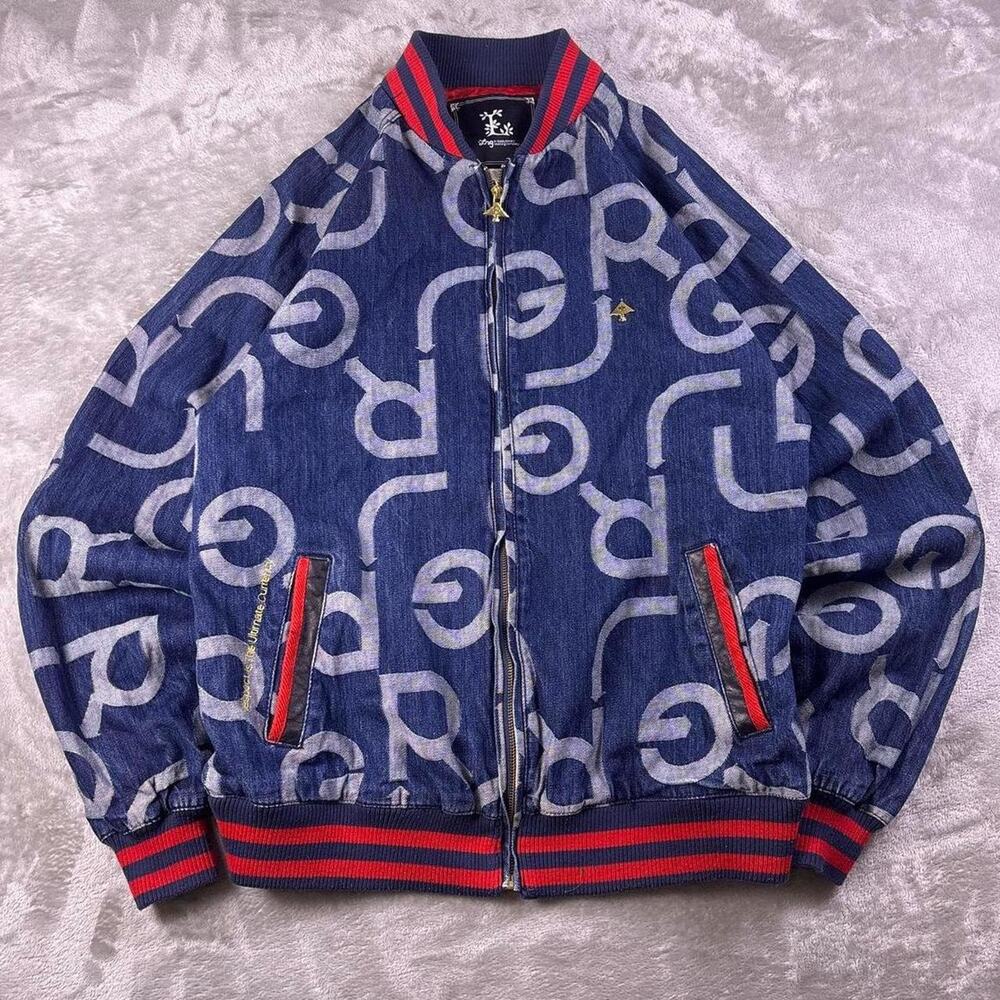 Vintage LRG Monogram Denim Bomber Jacket Men’s XL Blue Varsity Y2K
